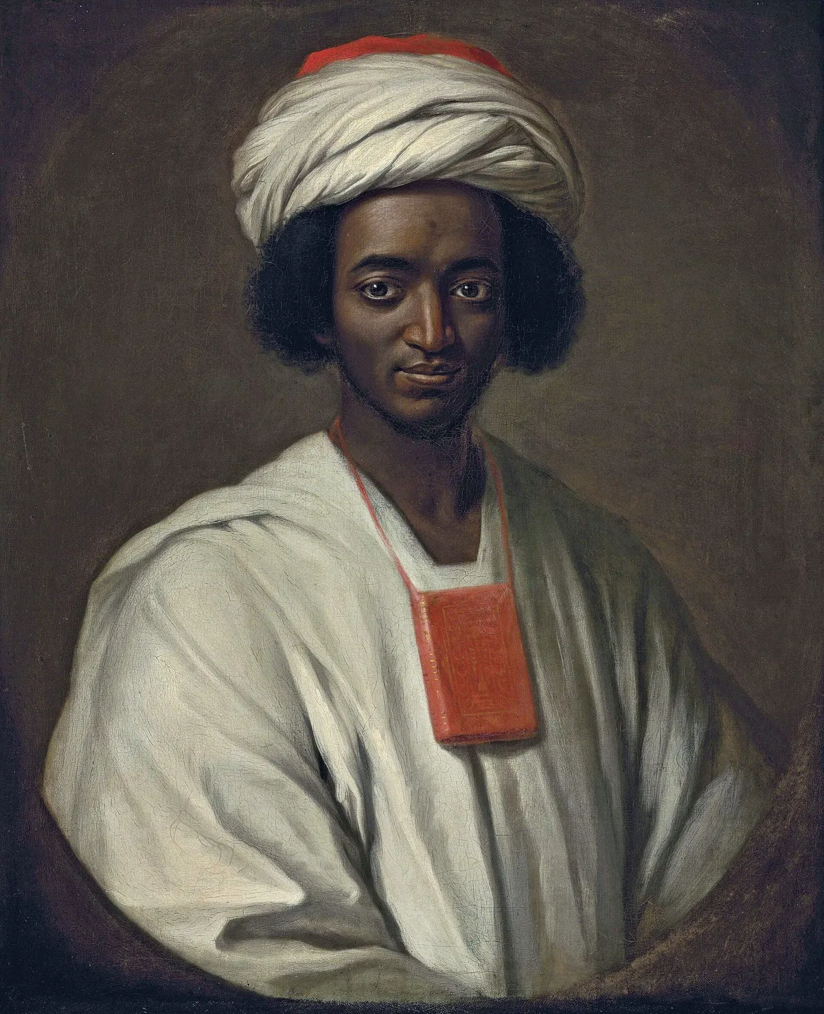 Bildnis von Ayuba Suleiman Diallo in weißem Turban und Gewand, mit einem Koran um den Hals