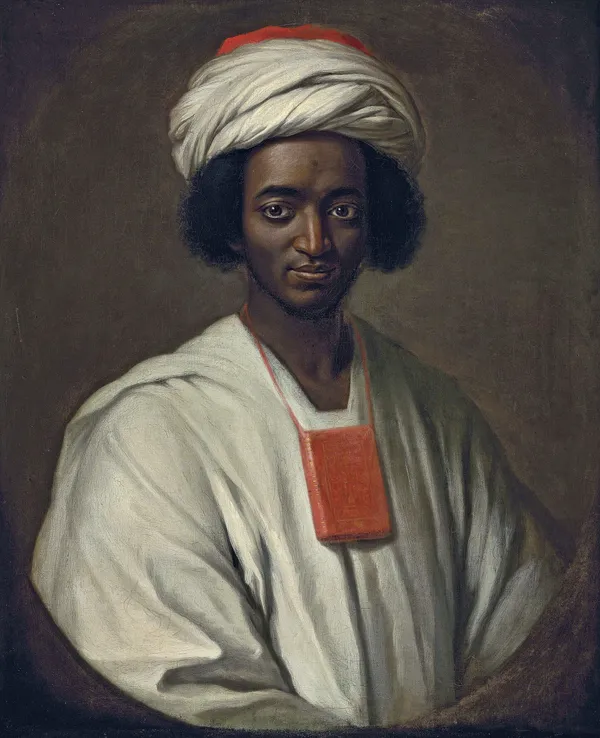 Bildnis von Ayuba Suleiman Diallo in weißem Turban und Gewand, mit einem Koran um den Hals