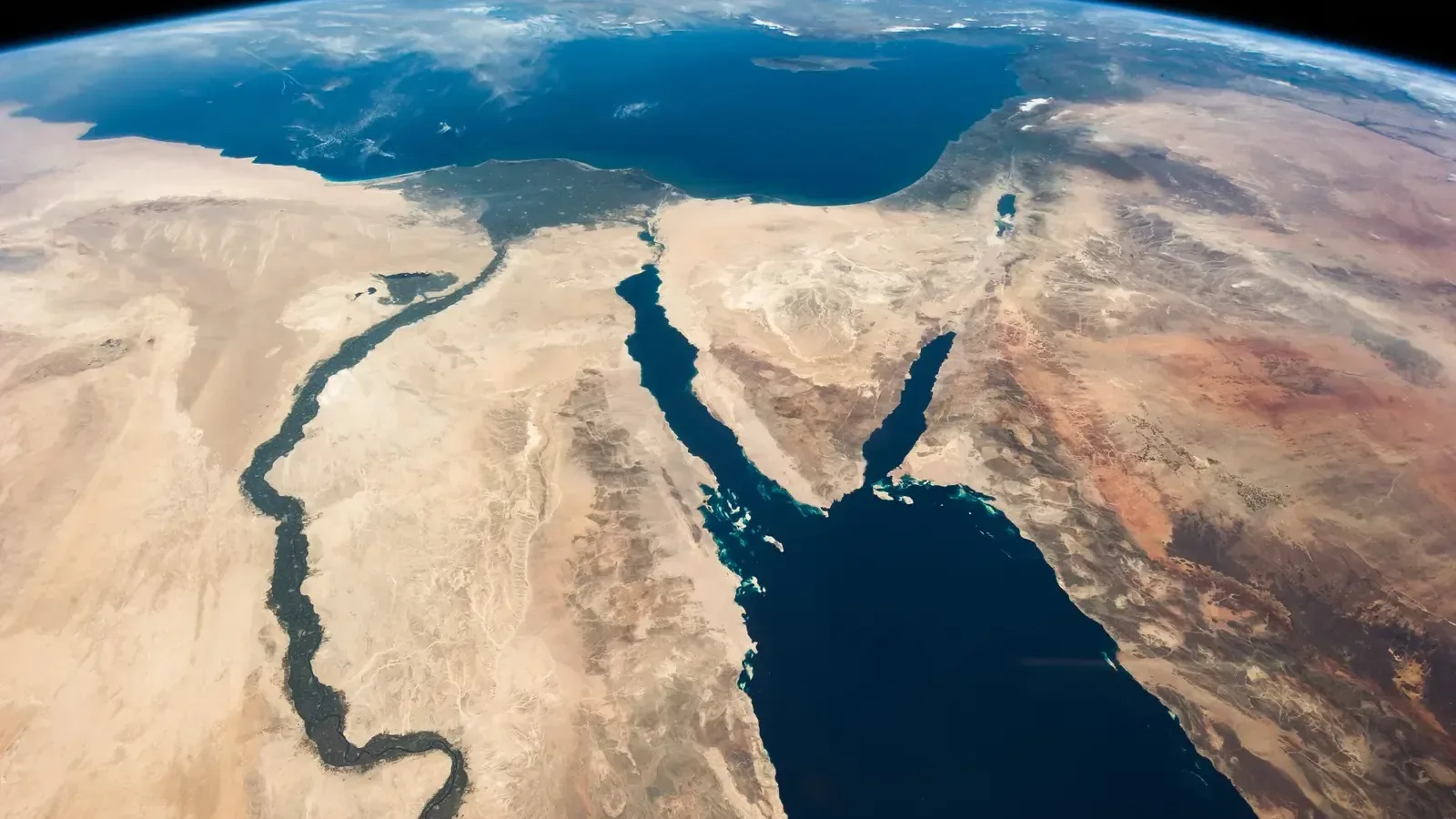 The Nile, the Sinai Peninsula between the Red Sea's two gulfs, and the Dead Sea, seen from orbit