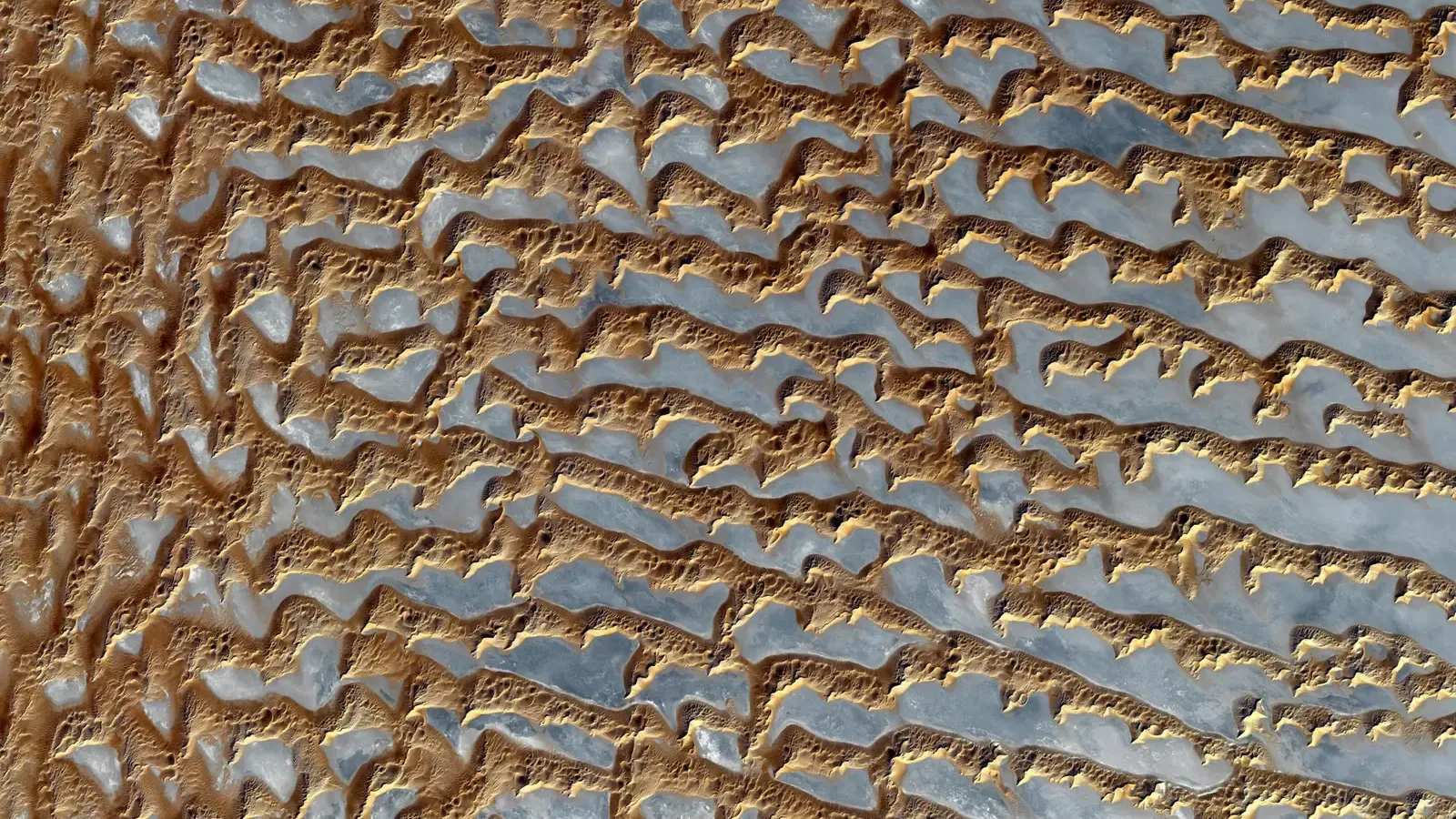 Long rows of sand dunes in the Rub' al Khali, the Empty Quarter of southern Arabia, seen from a satellite