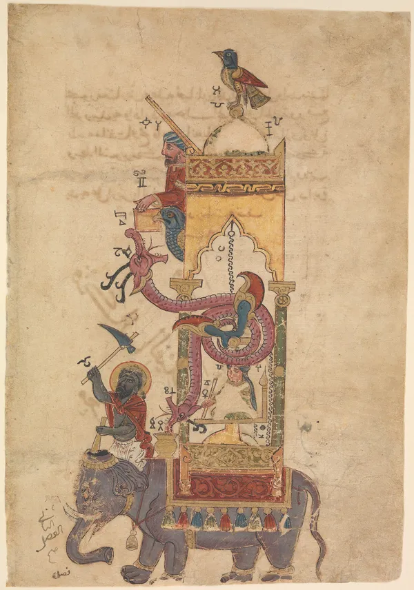 Eine bemalte Seite mit al-Dschazaris Elefantenuhr, mit Figuren und Vögeln auf einem Turm, den ein Elefant trägt