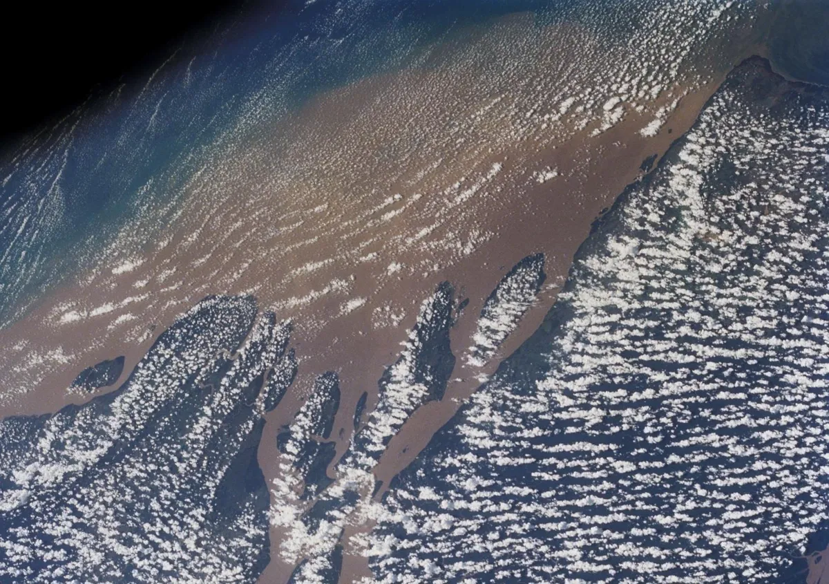 Die Mündungen des Amazonas vom Spaceshuttle aus: braunes Flusswasser, das sich weit in den blauen Atlantik ausbreitet