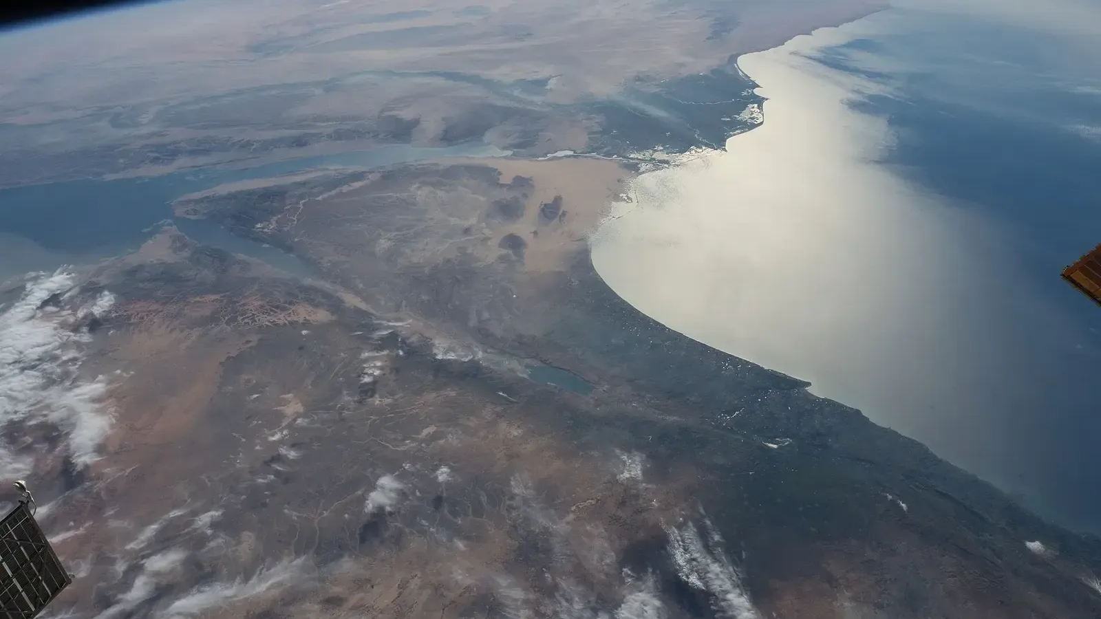 The Nile and its delta reaching the Mediterranean, seen from orbit
