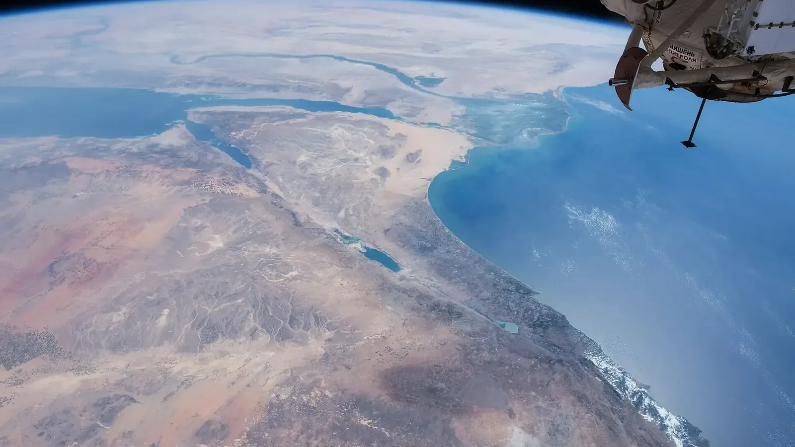 The Sinai Peninsula between the Red Sea's two gulfs, seen from orbit